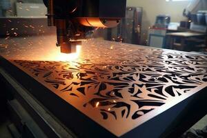 Plasma Schneiden von Stahl Blatt. cnc Laser- Schneiden von Metall. generativ ai foto