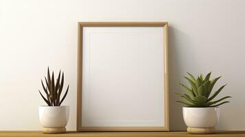 einer Foto Frames und ein Topf von saftig Pflanzen auf ein Weiß Regal. ai generiert