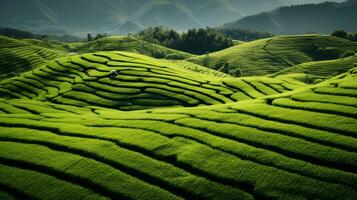 ai generiert Grün Tee Plantage, oben Aussicht Textur foto