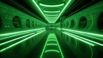 ai generiert leeren Grün futuristisch Tunnel. Technologie Design. foto