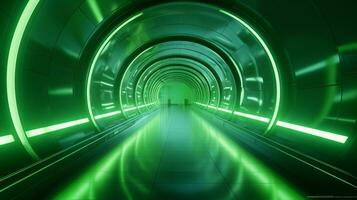 ai generiert leeren Grün futuristisch Tunnel. Technologie Design. foto