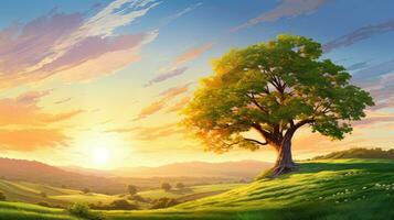 Silhouette Sonne Baum szenisch Landschaft ai generiert foto