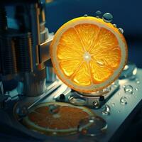 Nahansicht Foto von Orange mit Wasser Tröpfchen generativ ai