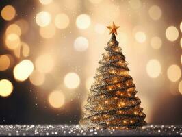 ai generiert dekorativ Weihnachten Baum auf ein Gold Bokeh Beleuchtung Hintergrund foto
