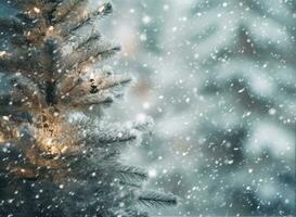 ai generiert schließen oben von ein festlich Weihnachten Baum im ein schneebedeckt Landschaft foto