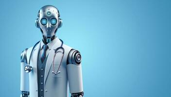 ein futuristisch Roboter Arzt im ein Arzt Mantel mit ein Stethoskop auf ein Blau Hintergrund, Konzept von fortgeschritten medizinisch Technologie. ai generativ foto