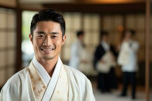 japanisch Mann tragen ein hakama und lächelnd Bokeh Stil Hintergrund foto
