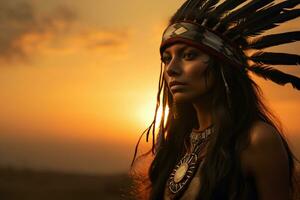 einheimisch amerikanisch Mann indisch Stamm Porträt im Vorderseite von Natur foto