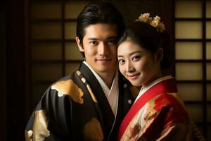verheiratet japanisch Paar lächelnd posieren zusammen im traditionell Kleidung Kimono und hakama Bokeh Stil Hintergrund foto