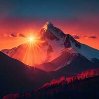 ai generativ Dämmerung Über das Schnee gekappt Berge. schneebedeckt Berg Gipfel beim Dämmerung. Sonnenaufgang im Berge. Berg Sonnenaufgang Landschaft foto