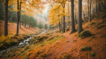 ai generativ herrlich bunt Herbst Landschaft, Herbst Szene von bunt Hügel im Beliebt Landschaft foto