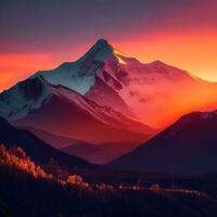 ai generativ Dämmerung Über das Schnee gekappt Berge. schneebedeckt Berg Gipfel beim Dämmerung. Sonnenaufgang im Berge. Berg Sonnenaufgang Landschaft foto