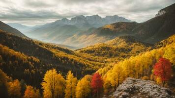 ai generativ herrlich bunt Herbst Landschaft, Herbst Szene von bunt Hügel im Beliebt Landschaft foto