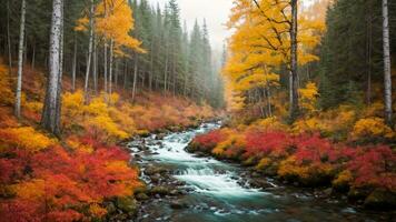 ai generativ herrlich bunt Herbst Landschaft, Herbst Szene von bunt Hügel im Beliebt Landschaft foto