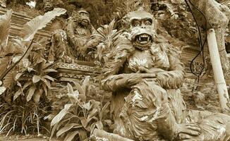 Stein Affen Statuen im heilig Affe Wald. alt dekorativ Affe Skulpturen im bali Ubud heilig Wald foto