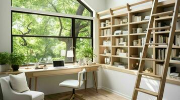 ai generiert ein minimal Zuhause Büro mit Aussicht von Fenster, an der Wand montiert Schreibtisch, modern Stuhl und ein Bücherregal foto