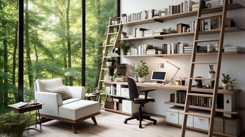 ai generiert ein minimal Zuhause Büro mit Aussicht von Fenster, an der Wand montiert Schreibtisch, modern Stuhl und ein Bücherregal foto