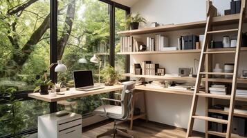 ai generiert ein minimal Zuhause Büro mit Aussicht von Fenster, an der Wand montiert Schreibtisch, modern Stuhl und ein Bücherregal foto