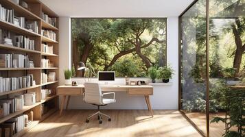 ai generiert ein minimal Zuhause Büro mit Aussicht von Fenster, an der Wand montiert Schreibtisch, modern Stuhl und ein Bücherregal foto