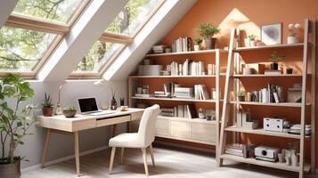 ai generiert ein minimal Zuhause Büro mit Aussicht von Fenster, an der Wand montiert Schreibtisch, modern Stuhl und ein Bücherregal foto