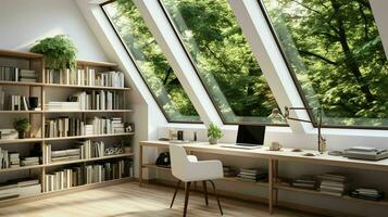 ai generiert ein minimal Zuhause Büro mit Aussicht von Fenster, an der Wand montiert Schreibtisch, modern Stuhl und ein Bücherregal foto