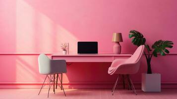 minimalistisch Büro Innere Design mit Rosa Stuhl und Schreibtisch foto