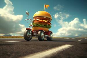 Burger Lieferung. schnell Hamburger Wagen. Cheeseburger wie schnell Essen Wagen. Hamburger Fahren auf das Straße. schnell Essen Konzept foto