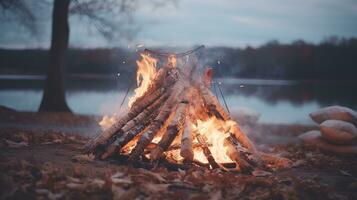 ai generiert generativ ai, Verbrennung Lagerfeuer, schön Winter Landschaft, Camping draussen Konzept im neutral stumm geschaltet Farben, Tourist Lager foto