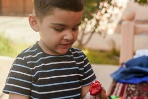 ein wenig Junge Essen Erdbeeren. Sommer- Lebensmittel. ein jung Kind isst ein lecker Erdbeere im heiß Sommer- Tag foto
