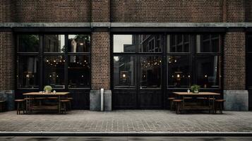 ai generiert generativ ai, schwarz Außen Cafe, Restaurant oder Geschäft. städtisch Gebäude, Straße Fassade foto