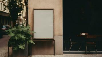 ai generiert generativ ai, Kaffee Geschäft Straße Schild spotten oben zum Logo Design, Marke Präsentation, ästhetisch stumm geschaltet neutral Farben, auf das Mauer draussen foto