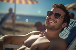 männlich Tourist Sonnenbaden auf Sonnenbank beim Meer während tagsüber mit generativ ai foto