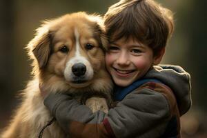 schließen oben von jung Junge umarmen seine Hund Bokeh Stil Hintergrund mit generativ ai foto