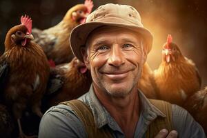 männlich Farmer auf Hähnchen Bauernhof im das tagsüber mit generativ ai foto