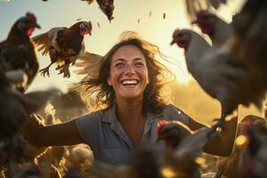 weiblich Farmer auf Hähnchen Bauernhof im das tagsüber mit generativ ai foto