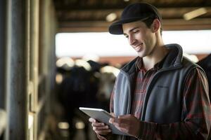 ein Mann halten ein Tablette zu prüfen Produktion im ein das Vieh Bauernhof mit generativ ai foto