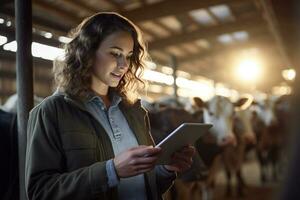 Frau halten ein Tablette zu prüfen Produktion im ein das Vieh Bauernhof mit generativ ai foto