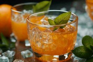 erfrischend Limonade mit Orangen und Minze auf hölzern Tisch. ai generativ foto