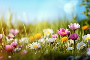 Frühling Blume im das Wiese, Frühling Natur Hintergrund. generativ ai. foto