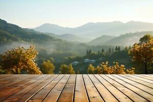 hölzern Tabelle Terrasse mit Morgen frisch Atmosphäre Natur Landschaft. generativ ai. foto