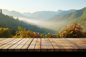 hölzern Tabelle Terrasse mit Morgen frisch Atmosphäre Natur Landschaft. generativ ai. foto