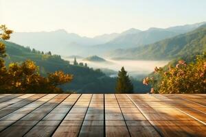 hölzern Tabelle Terrasse mit Morgen frisch Atmosphäre Natur Landschaft. generativ ai. foto