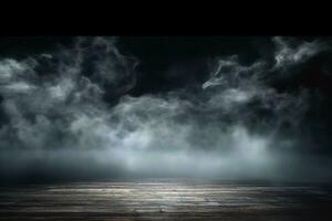 Nebel im Dunkelheit, Rauch und Nebel auf hölzern Tisch, abstrakt und defokussiert Halloween Hintergrund. generativ ai. foto