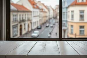 ai generiert Weiß hölzern Tabelle im Vorderseite von Fenster mit verschwommen Straße Aussicht Hintergrund ai generiert foto