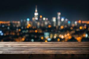 ai generiert leeren hölzern Tabelle mit verschwommen Stadt Wolkenkratzer scape Aussicht Landschaft Hintergrund beim Nacht mit Bokeh Beleuchtung ai generiert foto