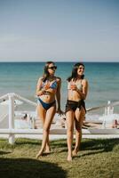 lächelnd jung Frauen im Bikini genießen Ferien auf das Strand foto