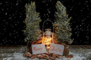 Weihnachten Gruß Karten hängend von zwei Kiefer Bäume zwischen ein Laterne im das Schnee foto
