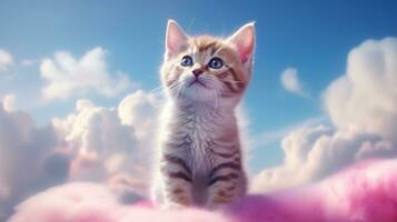 ai generativ süß wenig Kätzchen Sitzung auf flauschige Rosa Wolke mit Blau Himmel Hintergrund foto