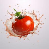 ai generativ Tomate im Wasser Spritzen isoliert auf Weiß Hintergrund. 3d Illustration foto