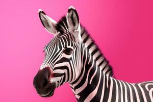 ai generativ Porträt von ein schön Zebra isoliert auf ein Rosa Hintergrund. foto